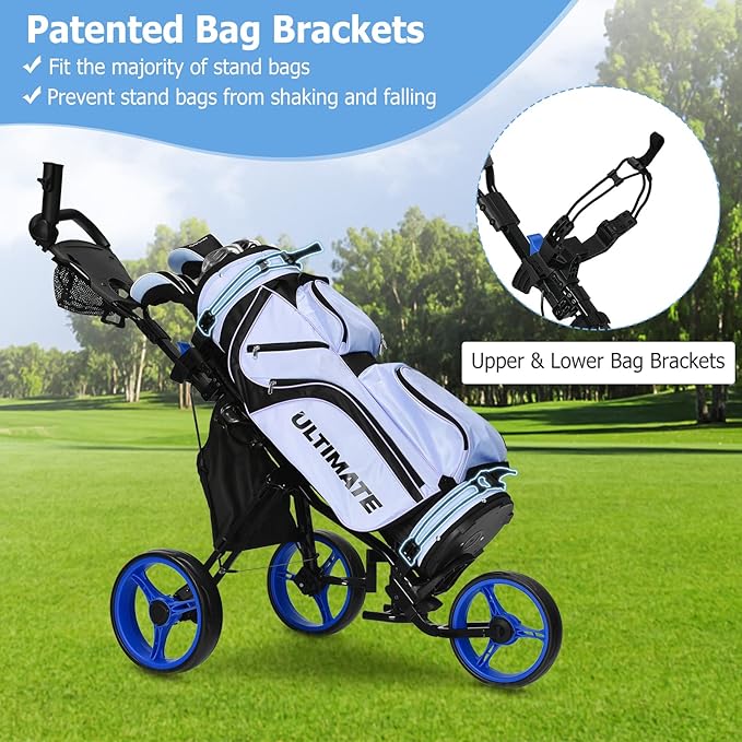 Tangkula Foldable Golf Push Cart, Navy Blue, Sturdy Steel Frame, Adjustable Handle, Ball Bearing Wheels, Foot Brake, Waterproof Storage Bag