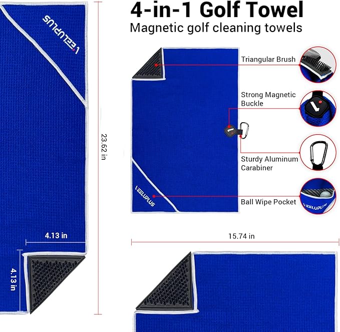 4-in-1 Magnetic Golf Towel with Brush & Cleaning Pocket -Premium Construction Golf Towel- Super Strong Golf Club Cleaner- Microfiber Waffle Design-15.7" X 23.6" Golf Accessories and Gifts for Men