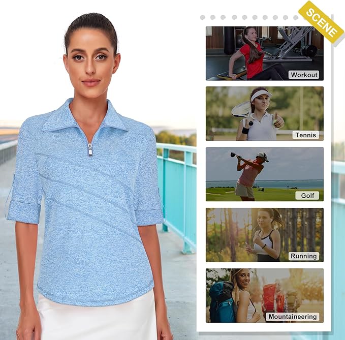 Koscacy Women's 3/4 Roll Sleeve Golf Tennis Polo Shirts UPF50+ Half Zip Dry Fit Workout Tops Athletic Shirt