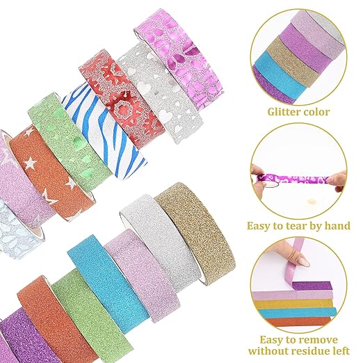 26 Rolls Glitter Washi Tape, Colored Masking Tape Set, 5mm/15mm Decorative Tape - Image 3