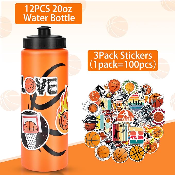 Basketball Party Favors, 12 Pack Basketball Water Bottles with 300 PCS Stickers, 20 oz Sports Squeeze Bottle, BPA-Free Reusable Water Bottles Bulk for Boys, Gifts For Team
