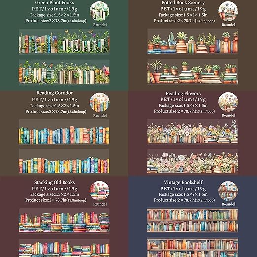6 Rolls PET Washi Tape Set, Reading Themed Scrapbook Tape Stickers - Image 2