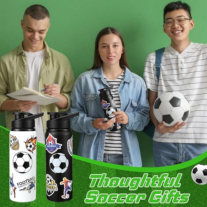 Ceenna 2 Pcs 24 oz Soccer Water Bottle with 50 Stickers, Stainless Steel Insulated Travel Tumbler Soccer Gifts for Team Sports Fans, Travel Gym Hiking Cycling Camping Bike Cages