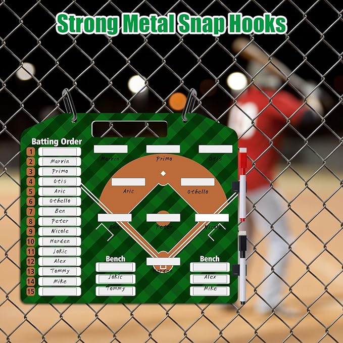 Baseball Coach Clipboard, Anglecai Double-Sided Dry Erase Baseball Lineup Board for Softball Dugout Board Baseball Coaching Board with 30 Lineup Card/ 10 Magnet/2 Marker/2 Hook (Green)