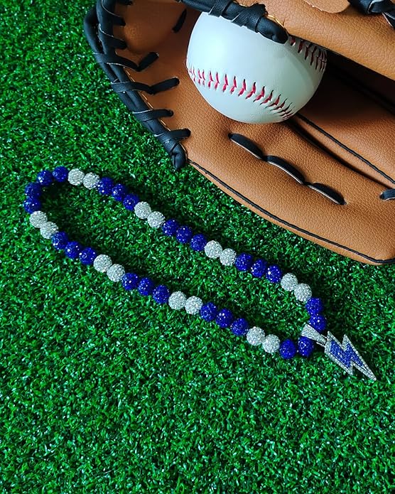 Baseball Necklace for Men 16/18/20 Inch Bling Ice Collection Lightning Bolt Pendant Necklace for Women Rhinestone Clay Beaded Discoball Accessories Gifts for Baseball Team Players Lovers