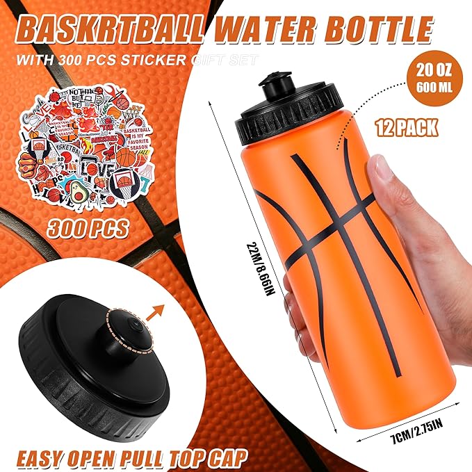 DI QIU REN 12 PCS Basketball Water Bottle Bulk with 300 PCS Stickers, 20 OZ Plastic Reusable Basketball Water Bottles for Boys, Squeeze Water Bottles Sports for Team