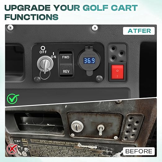 DRIVE UP Golf Cart Key Switch Console Plate, EZGO Forward Reverse Switch Plate Fits EZGO TXT, Medalist, PDS Golf Carts, Equipped with DC 9V-48V 3.1A Fast Charge Dual USB Charger, LED Digital Voltmeter