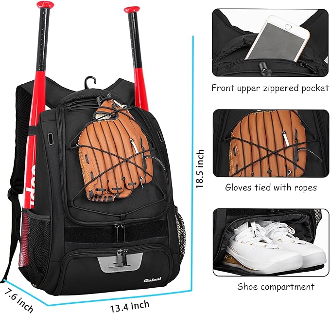 Goloni | Baseball Backpack,Baseball Bag for Adult,Softball Bat Bag with Shoes Compartment,Large Main Compartment for Helmet & accessories, Fence Hook