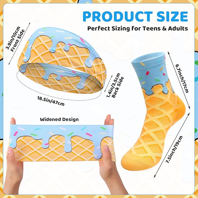 Ice Cream Baseball Headband and Ice Cream Sock Sports Elastic Sweatband Funny Sports Baseball Gifts for Youth Teen Women Men Athletes Football Basketball Running Gym Party Favors