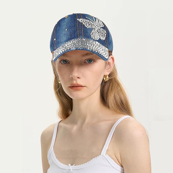 Hoce Fashion Rhinestone Denim Baseball Cap Studded Bling Hat for Women