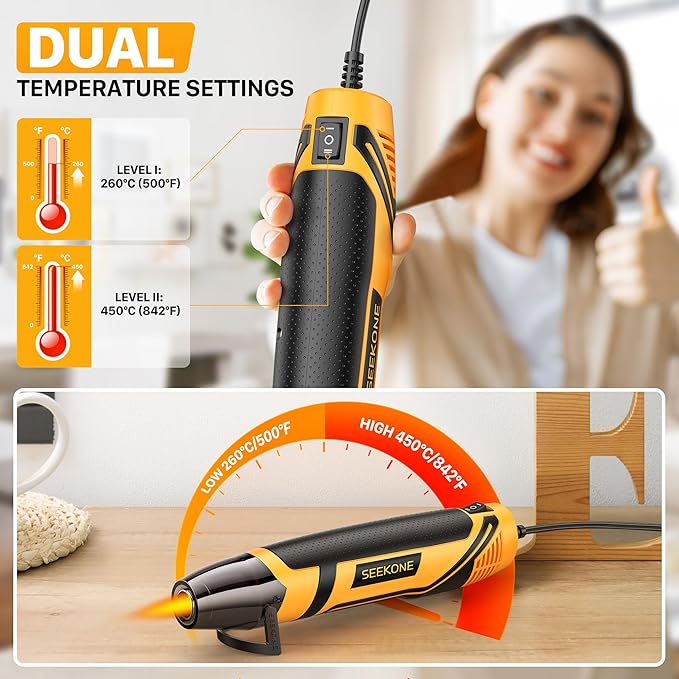 SEEKONE Mini Heat Gun, 350W 2-Temp Settings 500℉ & 842℉（260℃& 450℃） Fast Heat - Image 2