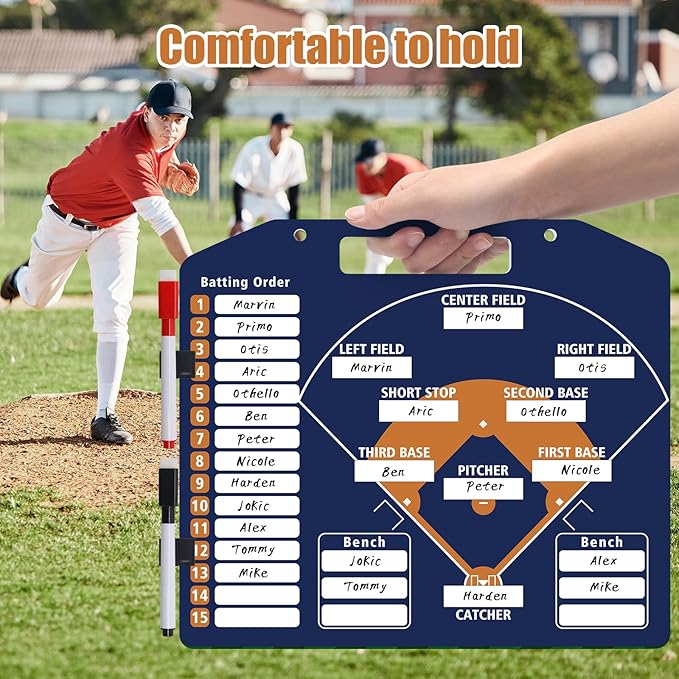 Magnetic Baseball Coach Clipboard, Anglecai Double-Sided Dry Erase Baseball Lineup Board for Softball Dugout Board Baseball Coaching Board with 30 Lineup Card/ 10 Magnet/2 Marker/2 Hook (Blue)