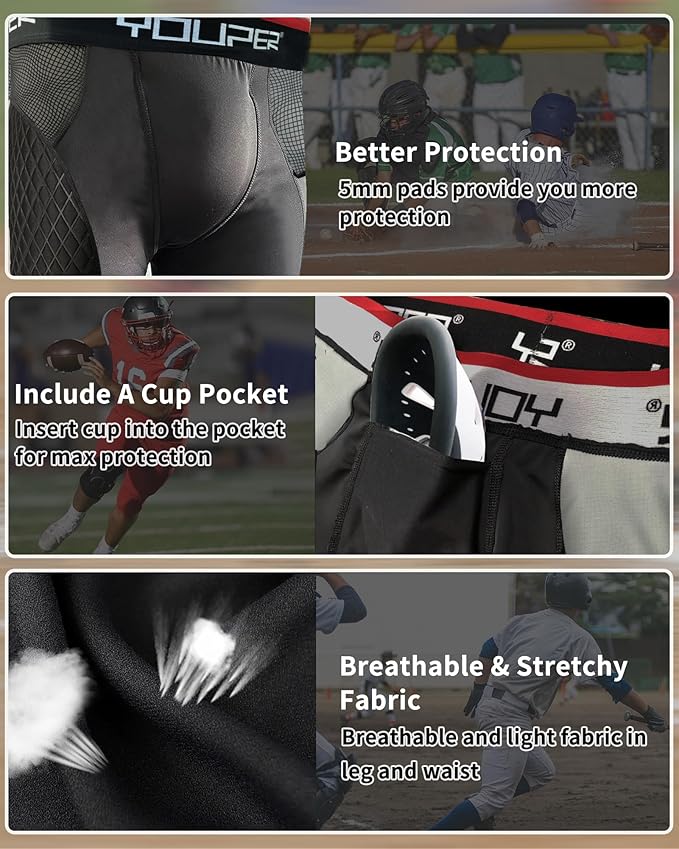 Youper Adult Elite Compression Padded Sliding Shorts w/Cup Pocket for Baseball, Football