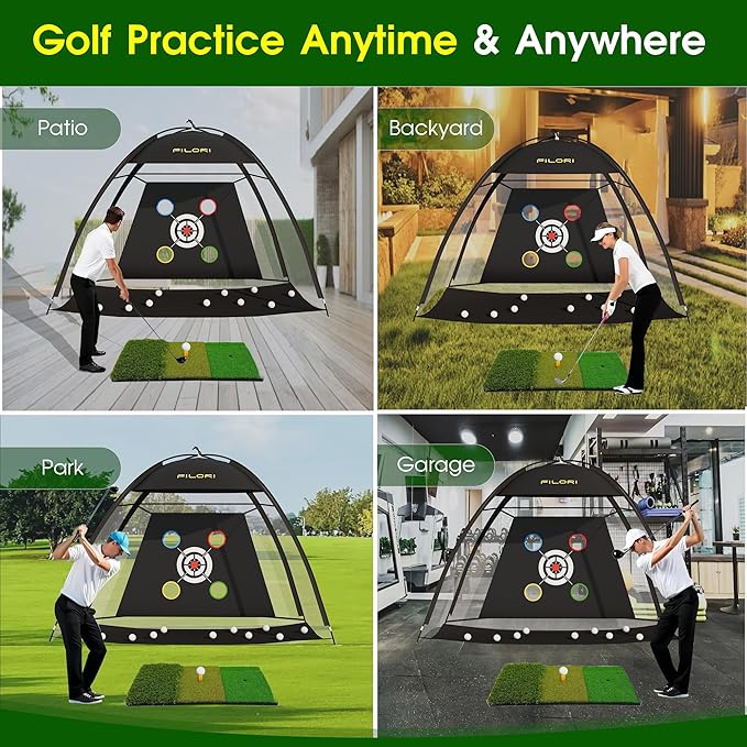 FILORI Golf Practice Net 10x7FT - Golf Hitting Net with Tri-Turf Mat, 8 Balls, Tee & Carry Bag, Indoor/Outdoor Backyard Training for Driving Chipping Swing, Ideal Gifts
