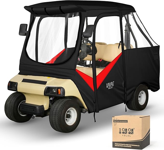10L0L Golf Cart Driving Enclosure for Club Car DS 2+2 Passenger Short Roof Waterproof Windproof Heavy Duty 600D Rain Cover with 4-Sided Clear Windows & Durable Door Zipper, All-Weather Protection Red