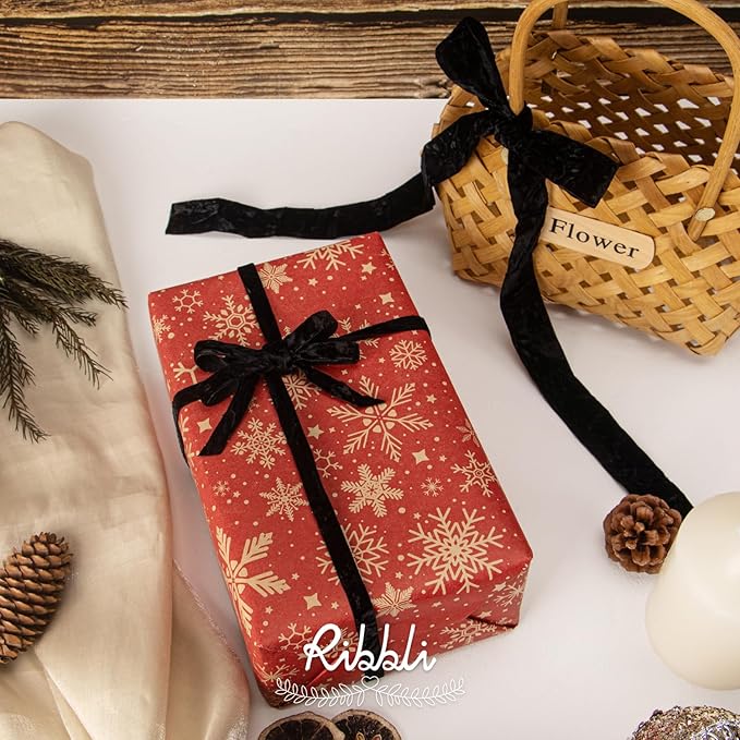 Ribbli Black Velvet Ribbon 3/8 Inches Luxury Crinkled Black Christmas Ribbon - Image 2