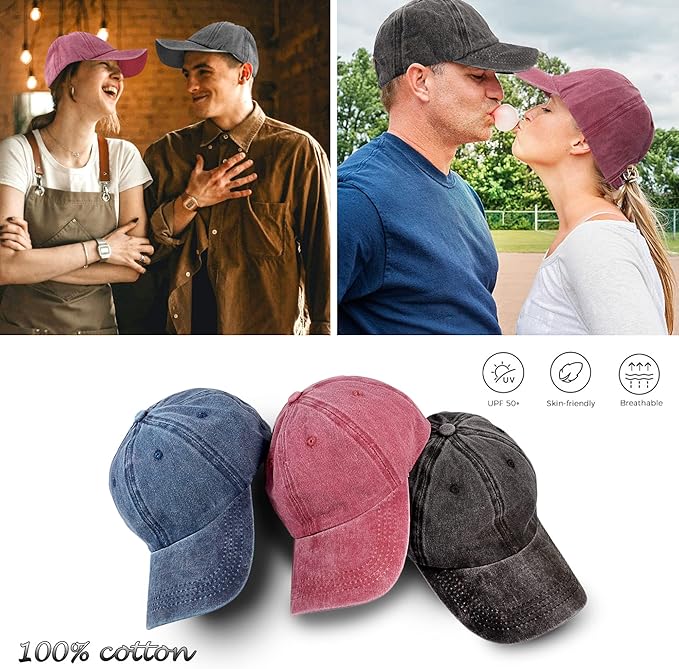 3 Pack Washed Plain Vintage Baseball Cap Cotton Adjustable Twill Bulk Low Profile Classic Dad Hat for Men/Women