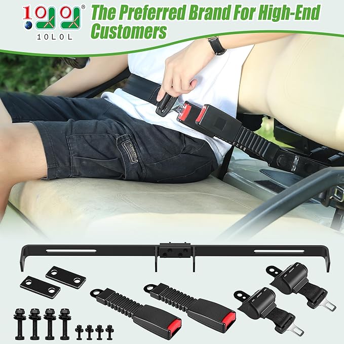 10L0L Universal Golf Cart Seat Belt Bracket Kit for 2 Passengers, Front Seat Retractable Seat Belts with Adjustable Mounting Bar, Fits EZGO TXT/RXV, Club Car DS, Yamaha Carts, Hardware Included