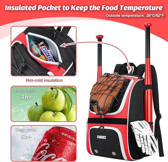 Youth Baseball Bag - Baseball Backpack Bat & Glove Holder, T-Ball & Softball Equipment & Gear,Large Main Compartment for Helmet & accessories, Fence Hook，Insulation Pocket