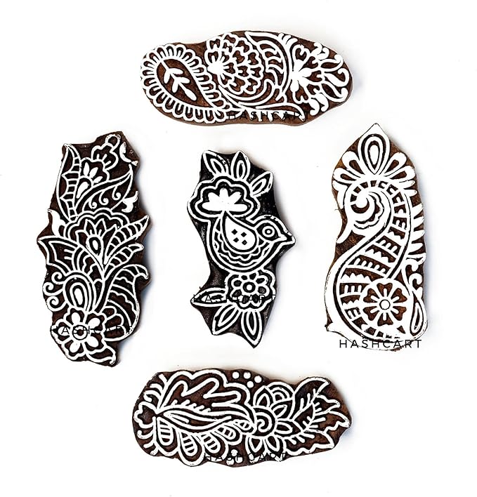 Wooden Stamps for Block Printing on Saree Border, Tattoo Set of 5 - Image 2