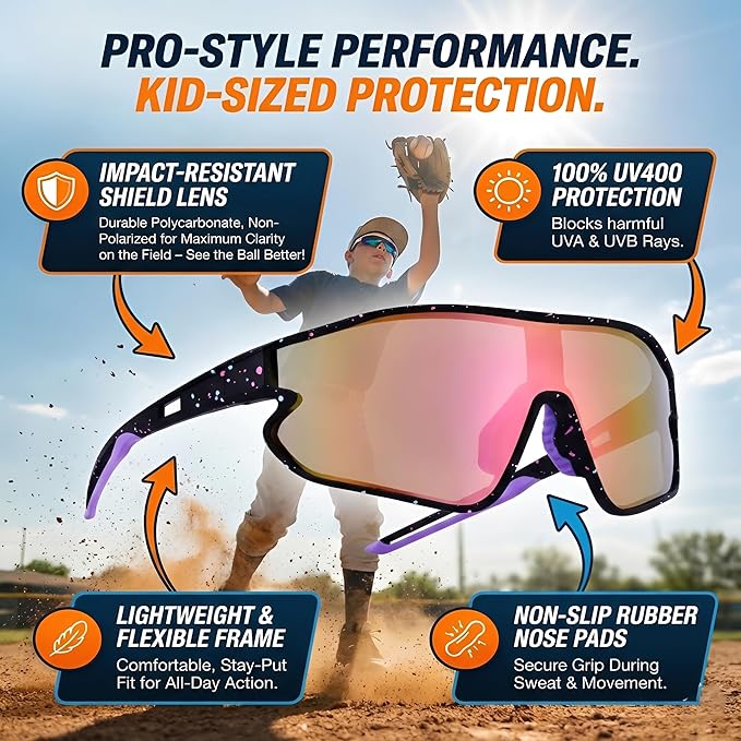 Kids Baseball Sunglasses - Youth Baseball Sunglasses for Boys Girls - Sports Softball Shades Age 6-14