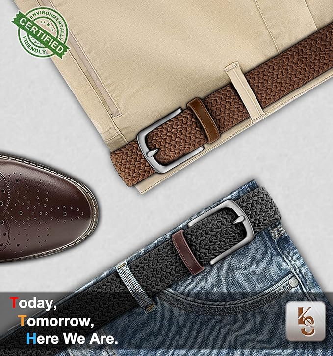 KEMISANT Men's Golf Belt 2 Pack-Braided Woven Stretch Belt for Gift Men Casual Jeans Sports Work 1 3/8"