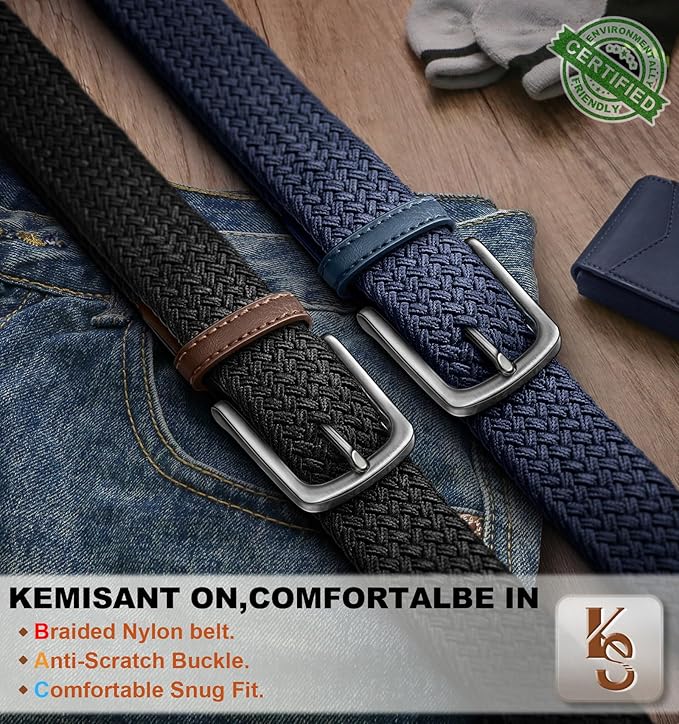 KEMISANT Men's Golf Belt 2 Pack-Braided Woven Stretch Belt for Gift Men Casual Jeans Sports Work 1 3/8"