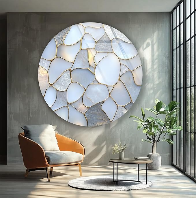 My Photostation.com 31.5'' Diameter White Stone Mosaic Round Glass Wall Art by MyPhotostation