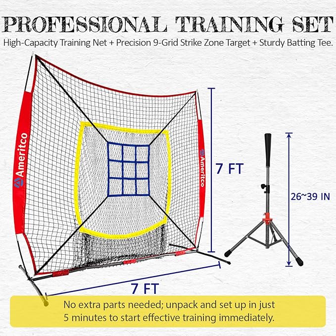 Baseball Net，7x7ft Baseball Practice Net with Tee and Target, Large Pocket Sports net for Hitting/Batting/Pitching/Throwing,Scratch Resistant Base, Versatile Use for All Levels