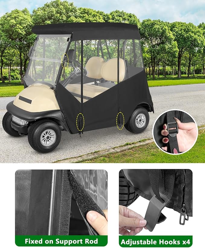 2 Passenger Golf Cart Enclosure for Club Car Precedent, 600D Waterproof Rain Driving Cover with 3 Sided Roll-Up Clear Windows & Doors, Heavy Duty Zippers & Side Mirror Openings