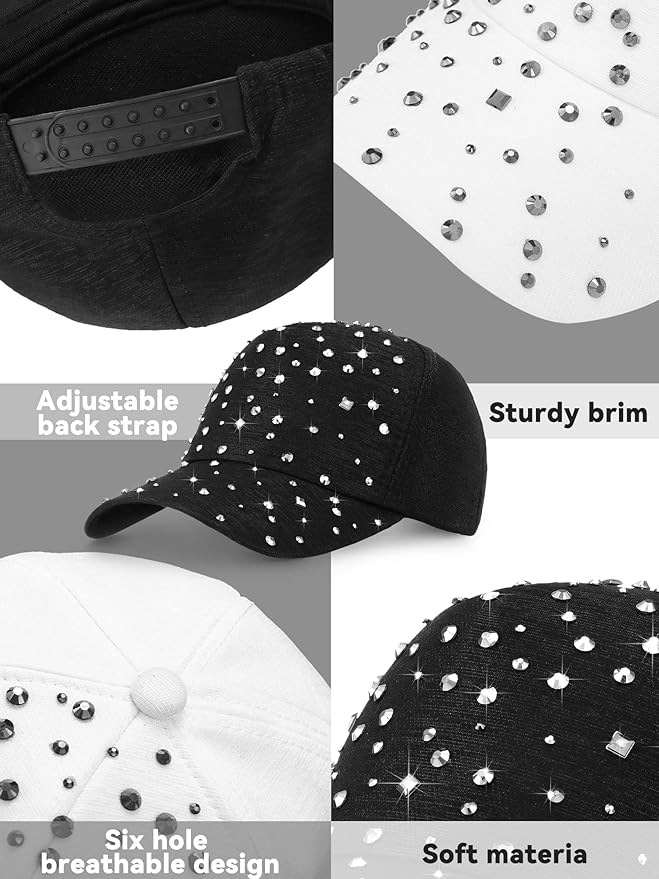 Loopeer 2 Pcs Adjustable Breathable Rhinestone Baseball Cap for Women Men Sequins Casual Sports Cap Rhinestone Hat