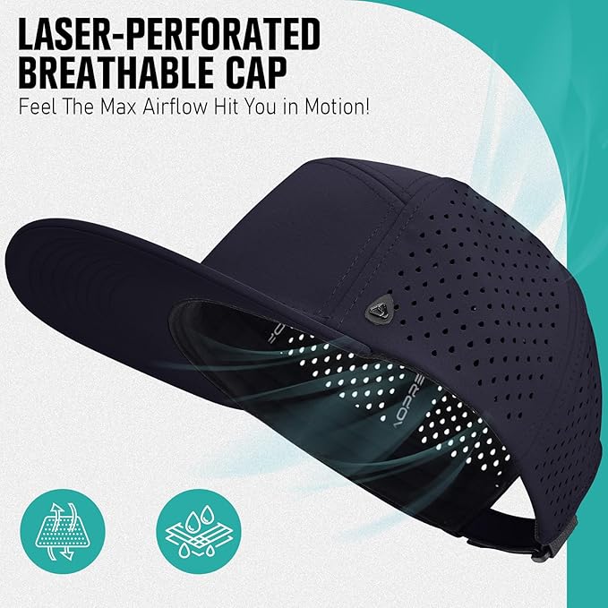 AOPREL Flat Brim Baseball Cap for Men Adjustable Water-Resistant Performance Hat with Breathable Laser Perforated