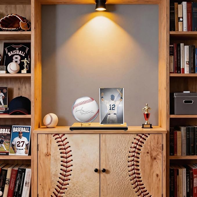 DoubleFill Acrylic Baseball Display Case for Ball and Cards Clear Base Ball Holder Gold Stand Set Centerpieces Protector Memorabilia Showcase for Official Size Baseball(Small)