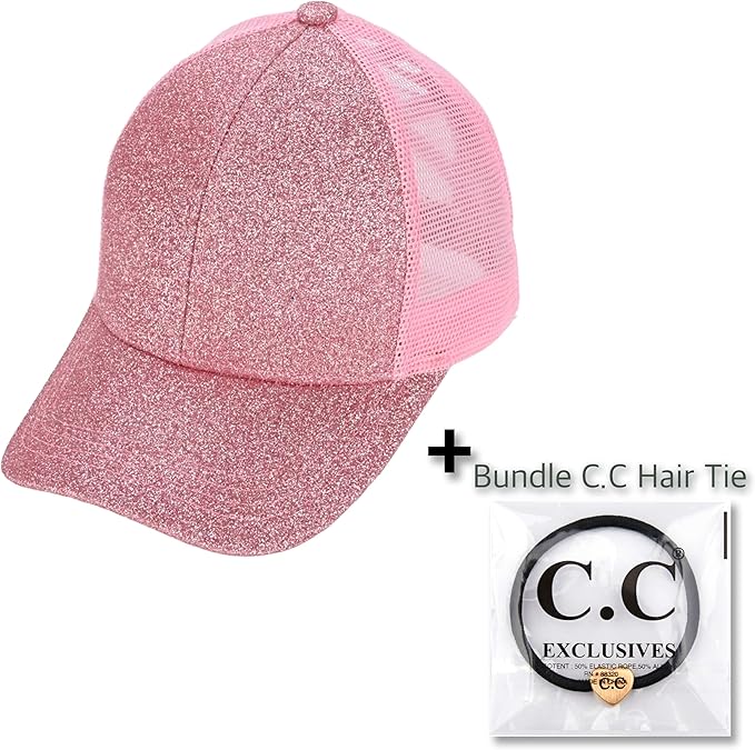 C.C Ponycap Messy High Bun Ponytail Adjustable Glitter Mesh Trucker Baseball Cap