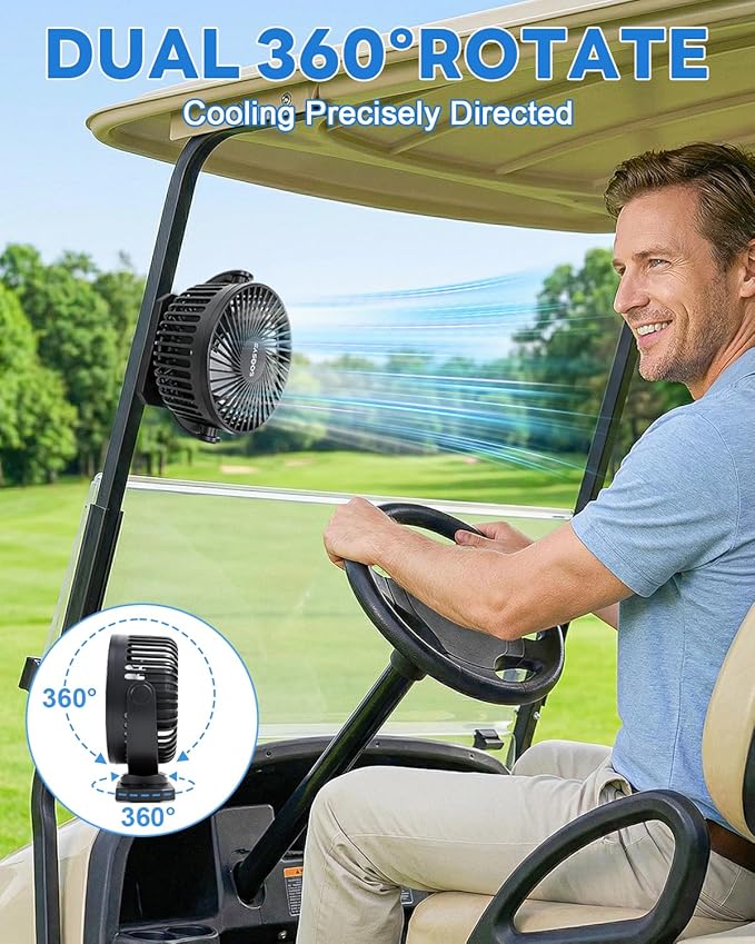 12000mAh Golf Cart Fan Rechargeable Magnetic Base, Battery Operated Fan Portable with 3 Speeds, LED, Timers, Strap, Hook - Golf Cart Accessories Suitable for Club Car Camping Office Cruise Ship