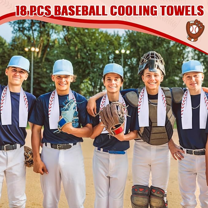 18 Counts Cooling Towels, Softball Towel Breathable Chilly Ice Towels, 40"x12" Cooling Towel for Baseball Team Coach Gift Training, Cold Sweat Rag for Sport (White, Baseball)