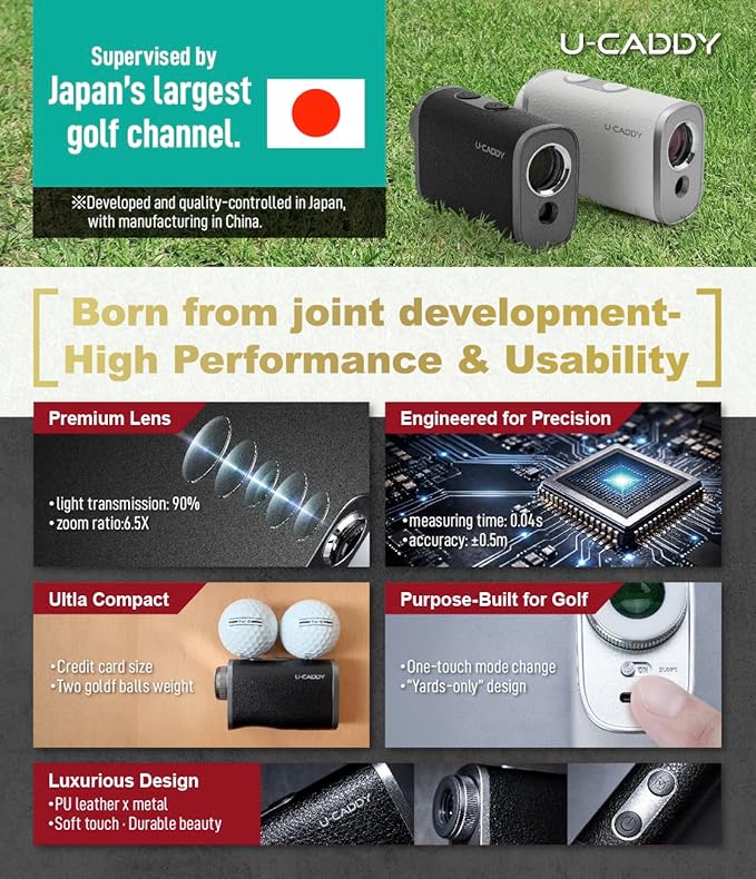 【Co-Developed with one of Japan’s Largest Golf Channels UUUM Golf】 U-CADDY Laser Golf Rangefinder, Pin Lock Vibration, 6.5X Magnification, Slope Switch, Compact Fast Finder