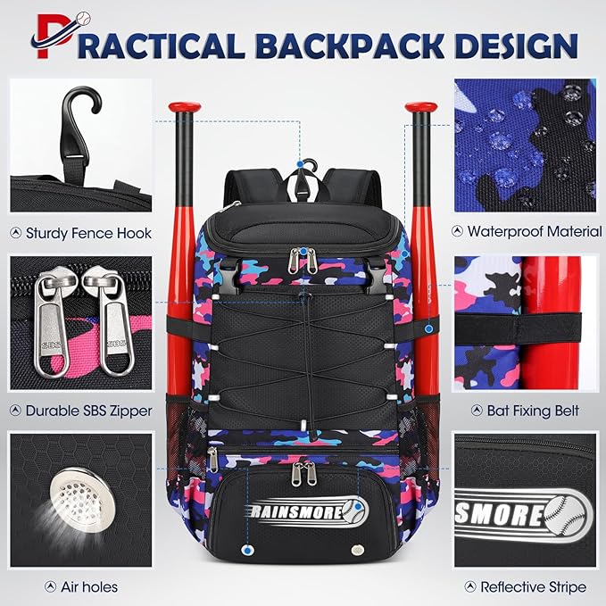 RAINSMORE Baseball Bag for Youth & Adult Lightweight Softball Bat Bag with Shoe Compartment, External Helmet Holder and Fence Hook Waterproof Baseball Backpack Hold T-Ball, Bat and Softball Equipment