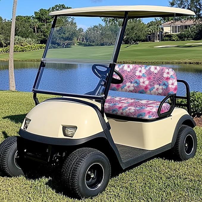 Bulopur Tropical Hibiscus Floral Golf Cart Blanket Seat Covers Club Car Golf Cart Seat Covers Non-Slip Breathable Cozy 2 PCS Golfcart Cushion Cover Washable