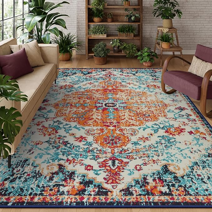 Lahome Boho Rugs for Living Room 8x10, Washable Orange Bedroom Area Rug Soft by Lahome