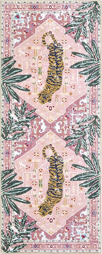Oriental Tropical Kitchen Runner Rug 2x5 Washable, Thin Stain Resistant Pink - Image 7