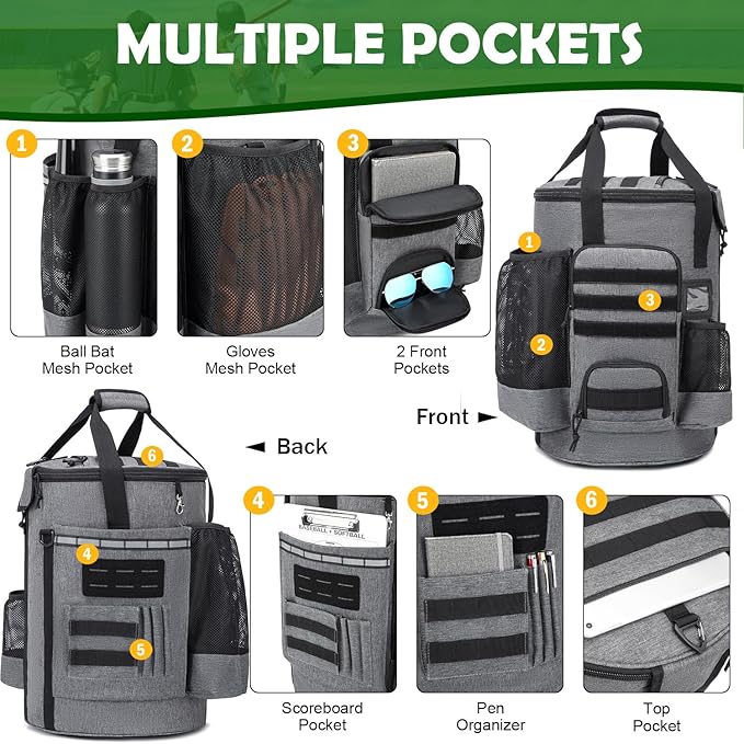 Baseball Bucket Bag Baseball Coaching Accessories Organizer Softball Bucket Bag with Anti-Slip Bottom & Multiple Pockets for Bat, Gloves, Scoreboards