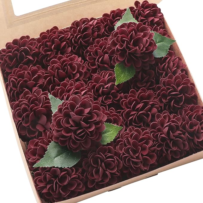 Floroom Artificial Dahlia Flowers 25pcs Real Looking Burgundy Foam Fake Roses by Floroom