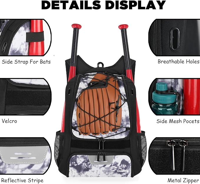 Goloni | Baseball Backpack,Baseball Bag for Adult,Softball Bat Bag with Shoes Compartment,Large Main Compartment for Helmet & accessories, Fence Hook