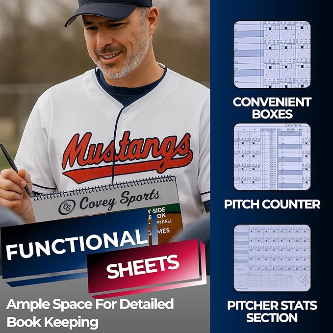 Covey Sports Premium Baseball Scorebook with 50-Game Capacity - Side-by-Side Format for Tracking Both Teams on One Page - Softball Score Keeping Book with Pitch Count Tracker