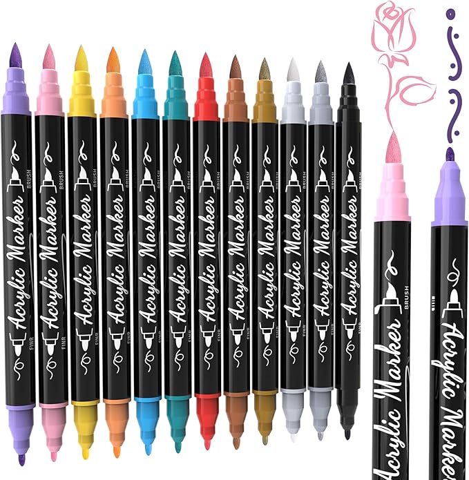 12 Colors Acrylic Paint Markers, Waterproof Dual Tip Acrylic Paint Pens by TOSHARE