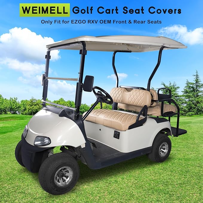 Golf Cart Seat Cover Front and Rear Set of 2 Fit for EZGO RXV OEM Ordinary Seats No Nails Easy to Install & Clean Beige Vinyl Leather Seat Covers