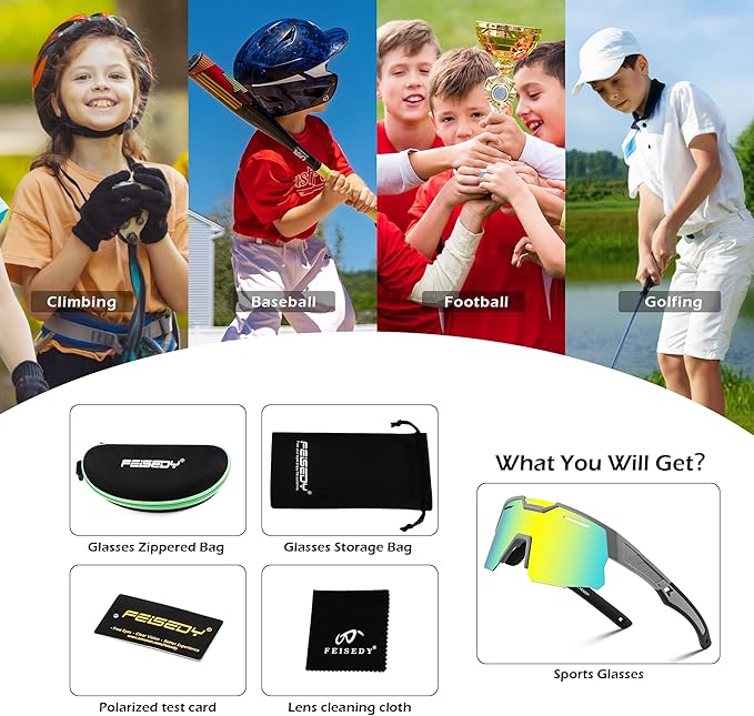 FEISEDY Kids Sunglasses Youth Baseball Sun Glasses, UV400 Sports Teens Cycling Shades for Boys Girls Age 8-16 B0048