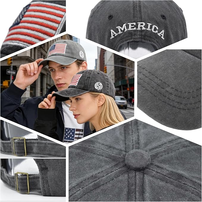 2 Pack American Flag Baseball Cap Unisex Hat, Classic Hat for Men Women Light Gray, Dark Gray