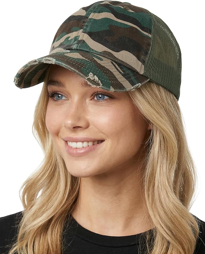 Funky Junque Trucker Hat for Women – Distressed Low Profile Western Camo Baseball Cap with Mesh, Trendy and Adjustable Fit